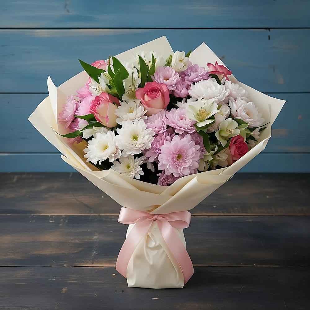 Букет цветов из: Хризантемы, Альстромерии и Розы в Радченском